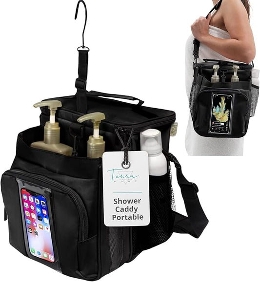 TERRA HOME Portable XL Shower Caddy Bag - College Dorm Room Essentials for Men, Women, Students - Foldable, Water Resistant with Hanging Keychain Hook and Shoulder Strap Shower Organizer Bag (Black)
