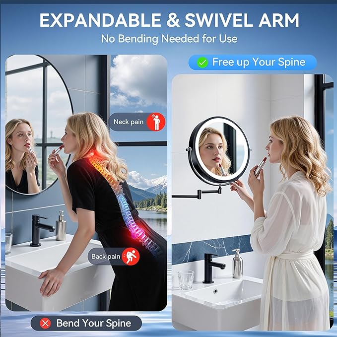 9'' 30X/1X Wall Mounted Lighted Makeup Mirror, 5000mAh Rechargeable Double-Sided Magnifying Mirror with Light, Vanity Bathroom Mirror Touch Dimmable 3 Colors 360° Rotation Extended Arm, Power Adapter