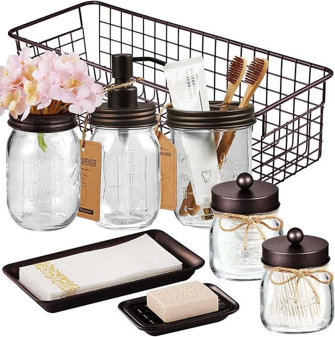 SheeChung 8PCS Bathroom Accessories Set Complete - Soap Dispenser, Mason Jar Toothbrush Holder, 2pcs Qtip Holders, Flower Vase, Soap Holder, Vanity Tray, Toilet Paper Storage, Glass Gift Set - Bronze