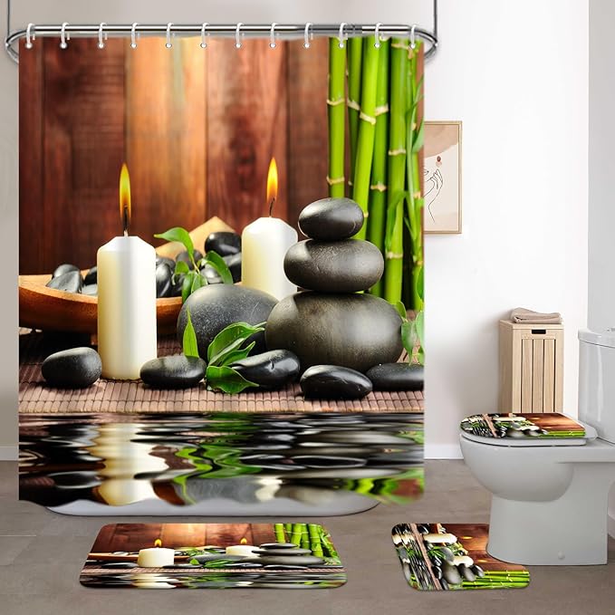 Lnond 4Pcs Spa Bathroom Shower Curtain Sets with Rugs, Stone Bamboo Bathroom Sets with Shower Curtain and Rugs and Accessories
