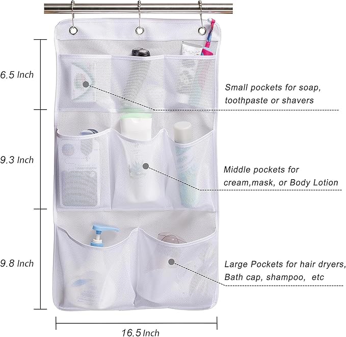 KIMBORA Mesh Shower Organizer Hanging Bathroom Caddy 8 Pockets Hang Curtain Rod with 3 Rings