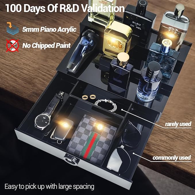 GOH&FTY Cologne Organizer for Men,3 Step Acrylic Waterproof Black Cologne Stand with Drawer and Secret Compartment, Cologne Holder Tray Display Shelf as a Gift for Men in Dresser,Bedroom