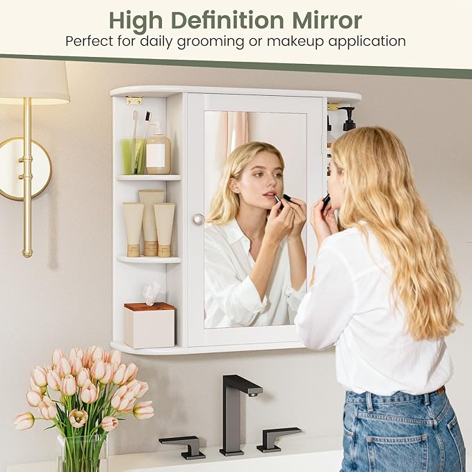 COSTWAY Medicine Cabinet with Mirror, Wall Mounted Bathroom Storage Cabinet with Mirror Door and Adjustable Shelves, Space-Saving Storage Organizer for Living Room Kitchen Entryway (White)
