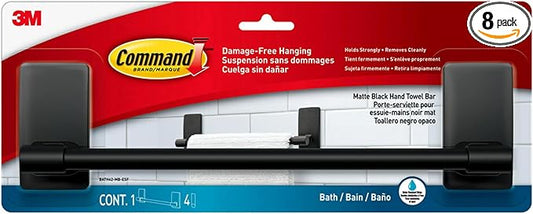 Command Hand Towel Bar Matte Black with Water Resistant Strips,Bathroom Decor,9 in Bar Length Holds up to 3 lbs,(Pack of 8)