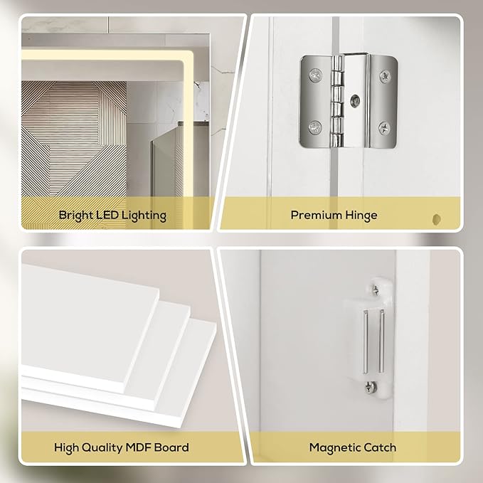 VOWNER Anti-Fog Lighted Bathroom Medicine Mirror Cabinet, Medicine Cabinet with Mirror and Lights, Dimmable, Adjustable Shelves, Memory 3-Color Mode(Engineered Wood, 24"×32")