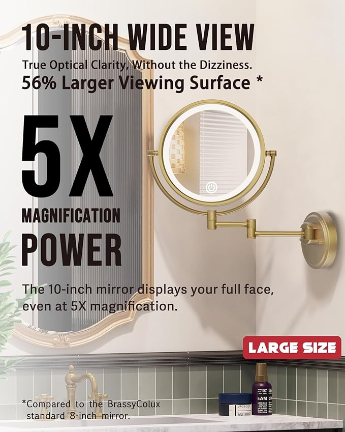 10" Wall Mounted Mirror Swing Arm Lighted Hard Wired, 1X/5X Double-Sided 3 Colors Touch Dimmable, Face Mirror Magnifying with Light Extended 360 Rotation for Bathroom, Antique Brass