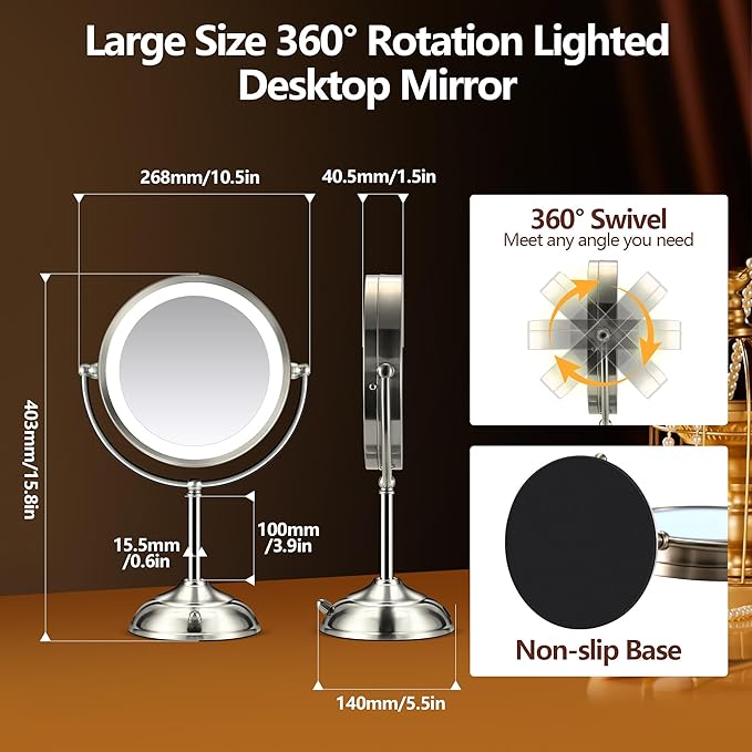 10X Magnifying Mirror with Light, Rechargeable 9" Lighted makeup mirror with magnification, 3 Color Modes, Adjustable Brightness, No Assembly Required, 360° Rotation Cosmetic Mirror, Pearl Nickel