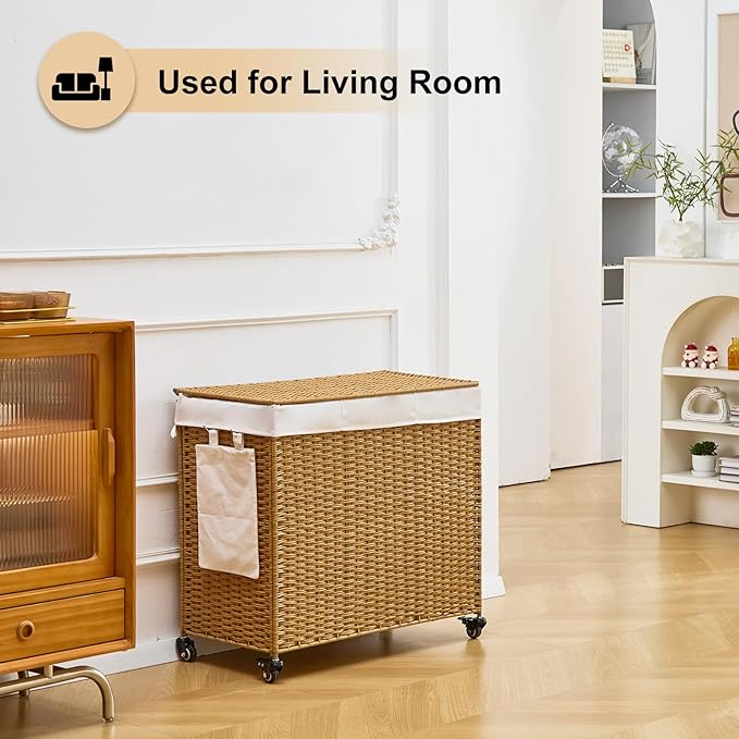 Handwoven Hamper with Lid, Laundry Basket with Wheels, Machine Washable Liner, 3 Section Clothes Hamper for Bathroom Laundry Room Bedroom, Rattan, 165L