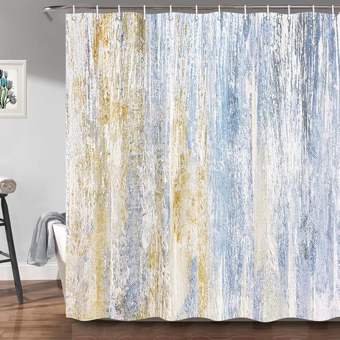 JAWO Abstract Shower Curtain,Modern Aesthetic Abstract Stripe Shower Curtain Set for Bathroom, Yellow Blue Grey Contemporary Abstract Painting Fabric Shower Curtains