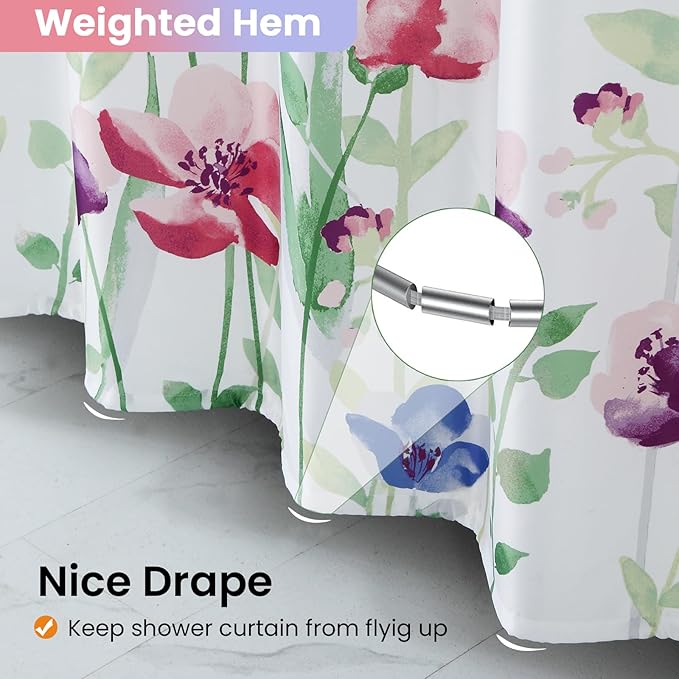 Extra Long Fabric Shower Curtain, Green and Pink Watercolor Floral Plant Shower Curtains for Bathroom, Purple and Blue Flower Bathroom Curtains, 72" W x 84" H