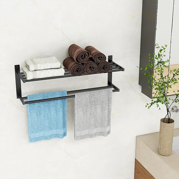 Bathroom Towel Rack 24", 2 Tier Towel Racks for Bathroom Wall Mounted, Bathroom Shelf with Double Towel Bar, Stainless Steel Towel Storage for Bathroom Lavatory Towel Holder Hanger, Black