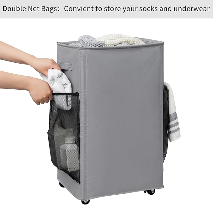 Chrislley 90L Rolling Laundry Basket Large Laundry Hamper with Wheels Collapsible Hamper Tall Storage Cart Foldable Clothes Organizer (Grey)