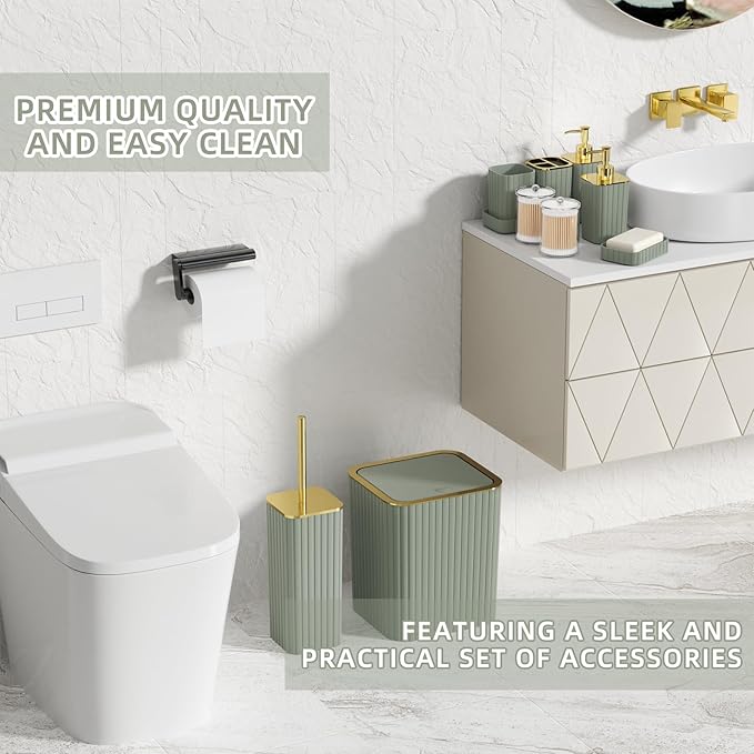 XLHOMO Bathroom Accessory Set - 26PC Bathroom Shower Curtain and Rug Set, Bathroom Accessories Set, Sage Green Bathroom Set with Trash Can, Toilet Brush, Qtip Holder & Soap Dispenser