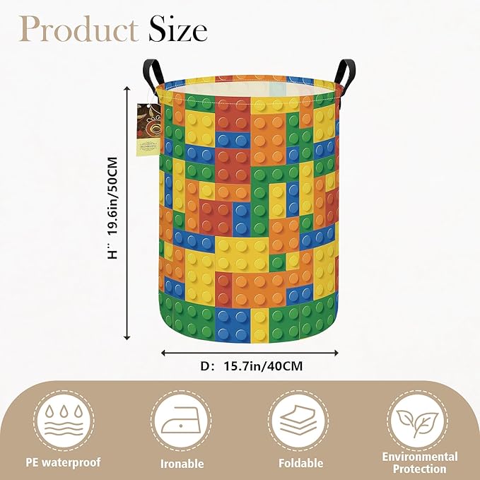 HUNRUNG Laundry Hamper,Large Canvas Fabric Lightweight Storage Basket Toy Organizer Dirty Clothes Collapsible Waterproof for College Dorms???Round-Colorful Blocks???