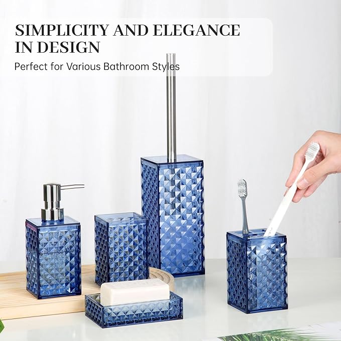 Bathroom Accessory Set, Grid Pattern 5 Pcs Plastic Bathroom Set Include Toilet Bursh, Soap Dispenser, Soap Dish, Toothbrush Holder, Mousewash Cup, Modern Bahtroom Décor Set(Dark Blue)