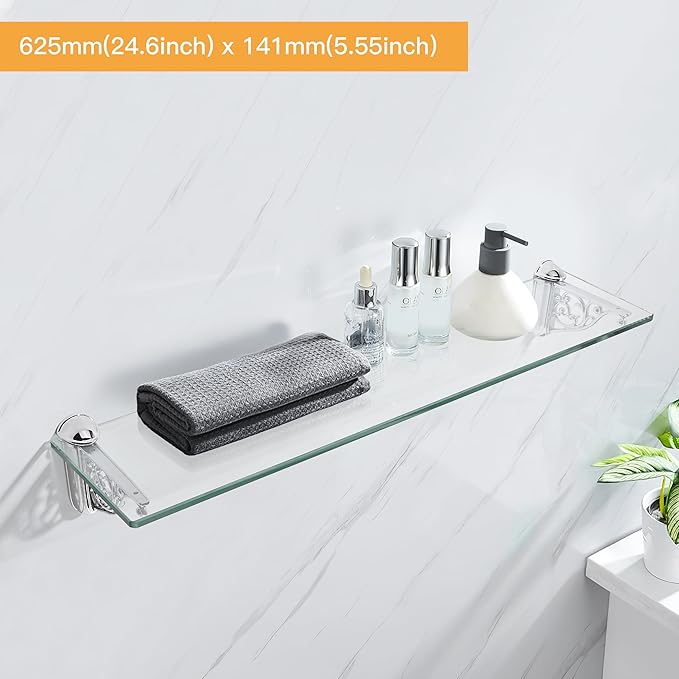 khtumeware 24 Inches Glass Shelves for Bathroom, Polished Chrome Floating Glass Shelf Zinc Tempered Glass Bathroom Shelves for Wall Mount Modern