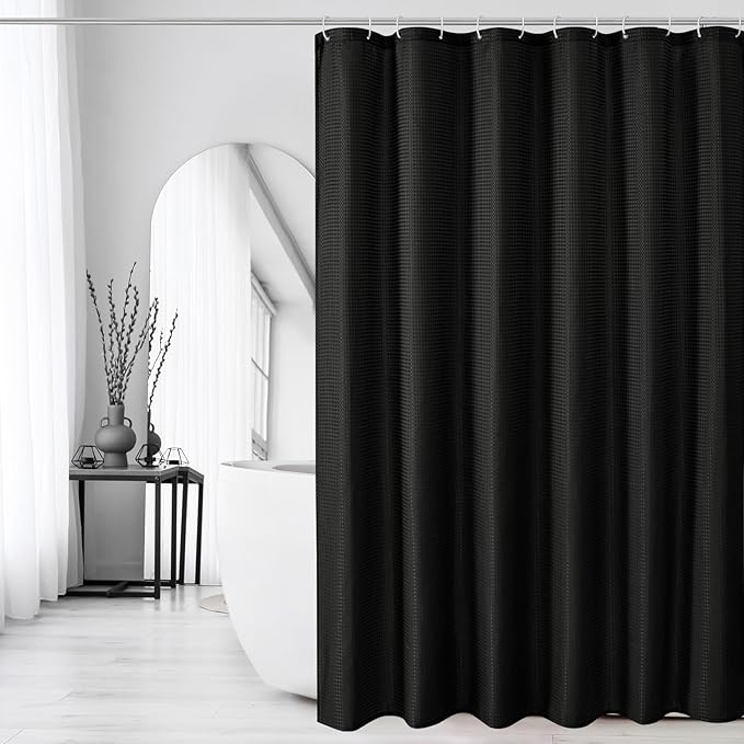 Gibelle Extra Long Shower Curtain 72 x 84, 230GSM Tall Waffle Weave Textured Fabric Shower Curtain for Bathroom, Water Repellent, Machine Washable, Black
