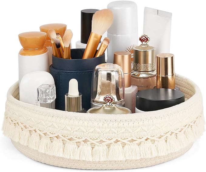 Mkono Makeup Perfume Holder Organizer Macrame Decorative Woven Rope Basket Boho Decor Cosmetics Desk Storage Baskets for Dresser Skin Care Lotions Essential Oils Dorm Room Essentials