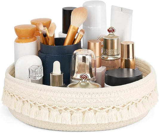 Mkono Makeup Perfume Holder Organizer Macrame Decorative Woven Rope Basket Boho Decor Cosmetics Desk Storage Baskets for Dresser Skin Care Lotions Essential Oils Dorm Room Essentials