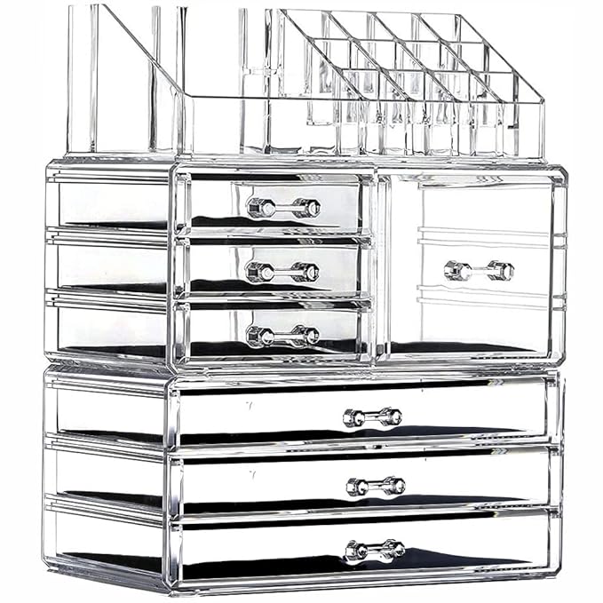 Cq acrylic 3 Pack Clear Make up Organizer Countertop,Stackable 7 Drawers Makeup Storage,Cute Vanity Organizers for dresser Hair Clip,Jewelry,Beauty Product Desk and Bathroom Organizers and Storage