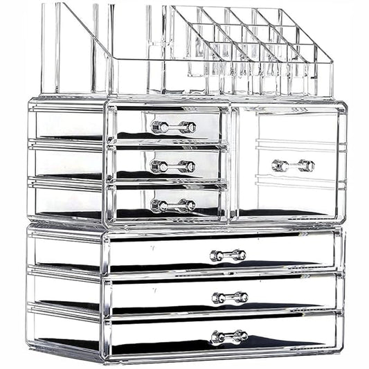 Cq acrylic 3 Pack Clear Make up Organizer Countertop,Stackable 7 Drawers Makeup Storage,Cute Vanity Organizers for dresser Hair Clip,Jewelry,Beauty Product Desk and Bathroom Organizers and Storage