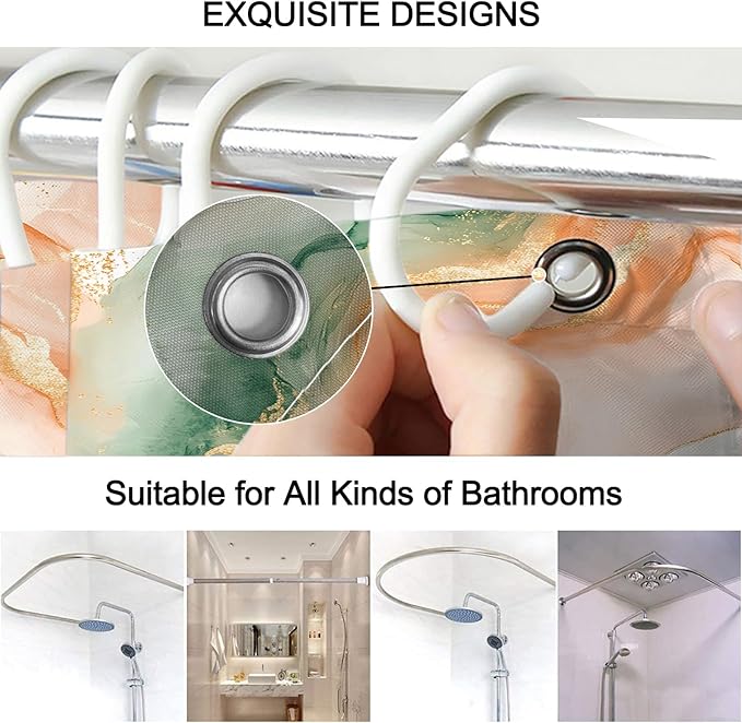Lnond 4Pcs Marble Bathroom Sets with Shower Curtain and Rugs, Orange Green Marble Modern Art Bathroom Shower Curtain Sets with Rugs and Accessories