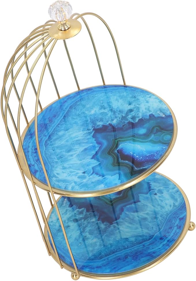 Double Layer Storage Shelf Bird Cage Organizer Display Rack for Bathroom Countertop Dressing Table Gold Frame (Agate Stone Pattern)