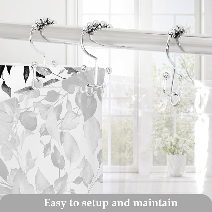 Gibelle 3 in 1 Shower Curtain Set, 72x72 Black Eucalyptus Bath Curtain and PEVA Liner Set with 12 Metal Hooks, Waterproof Fabric Bathroom Curtain