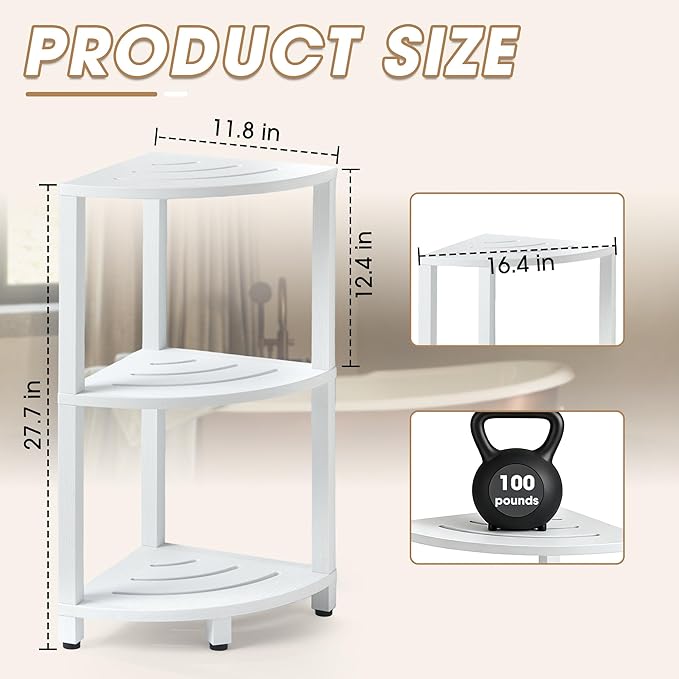 HDPS 3 Tier Floor Standing Corner Shower Caddy Organizer Shelf, Detachable Stool & Foot Rest,Waterproof & Durable Bathroom Shelves Stand Rack with Anti-Slip Feet, Space-Saving Design Storage