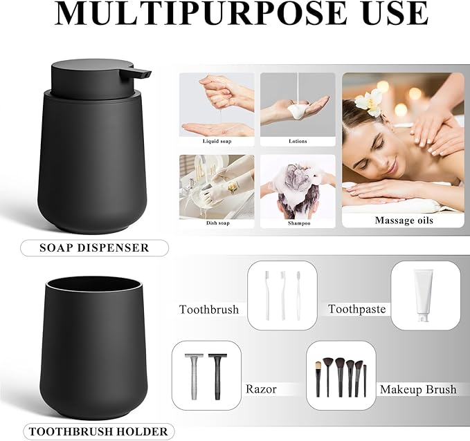 Matte Black Bathroom Accessories Set Plastic Hand Soap Dispenser and Toothbrush Holders 2 Piece