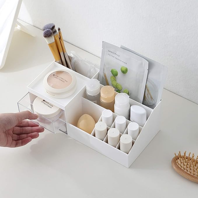 Cosmetic Storage Box, Makeup Organizer Cabinet/Drawer Type Vanity Organizer/Dormitory Desktop Sundries Storage Shelf (White)