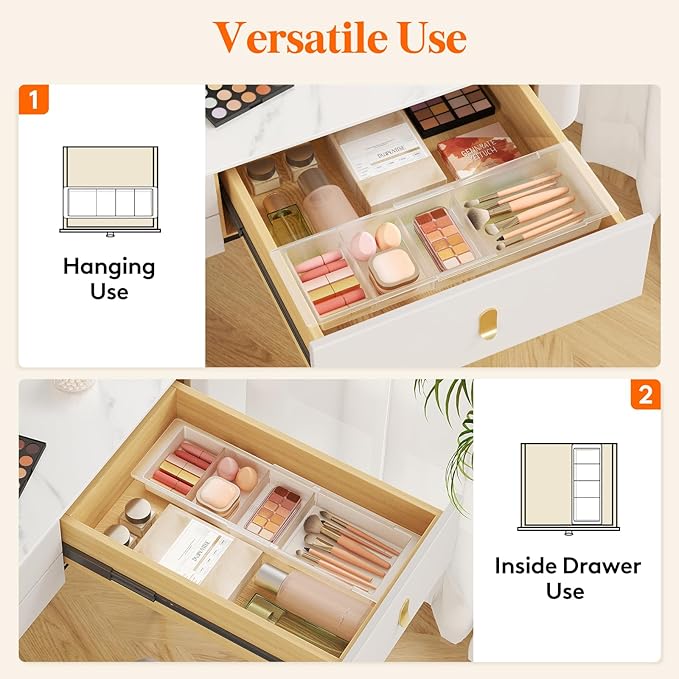 Lifewit Sliding Makeup Drawer Organizer, Fits 13-20" Deep Drawers, Extendable Hanging Divider, 1.8" High Plastic Tray for Vanity, Office, Kitchen, White,1Pcs