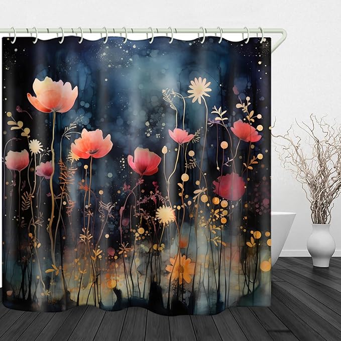 Bright Fabric Shower Curtains, Vintage Floral Theme Design Art Shower Curtains, Bathroom Decor Set, 12 Shower Curtain Hooks (72 "Wx72 L) Inch Waterproof Shower Curtain.
