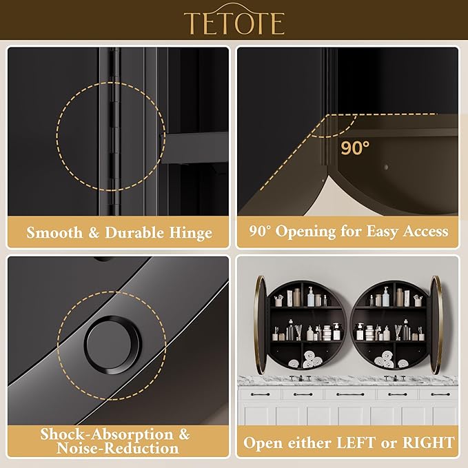 TETOTE Gold Round Bathroom Medicine Cabinet with Mirror 30 x 30, Adjustable Shelves, Farmhouse Wall Storage, Surface Mounted