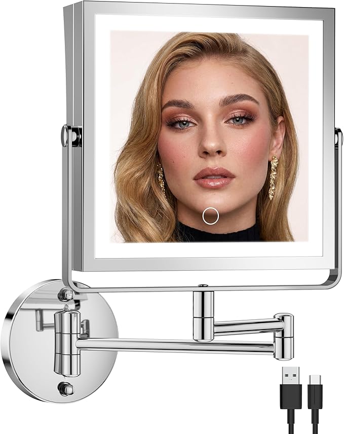 Rechargeable Wall Mounted Makeup Mirror with Lights, 4000mAh Double Sided 1X/10X Magnifying Vanity Mirror with 3 Color Lights, Touch Dimmable, 360° Extension Foldable Arm (Chrome)