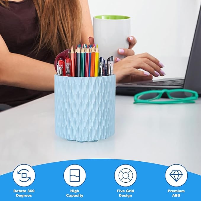Makeup Brush Holder Organizer-360?? Rotating Makeup Brush Storage,Pencil Pen Holder Cup,Desk Accessories,5 Slot Make up Brushes Cup, for Vanity Desktop Bathroom Countertop (Light Blue)