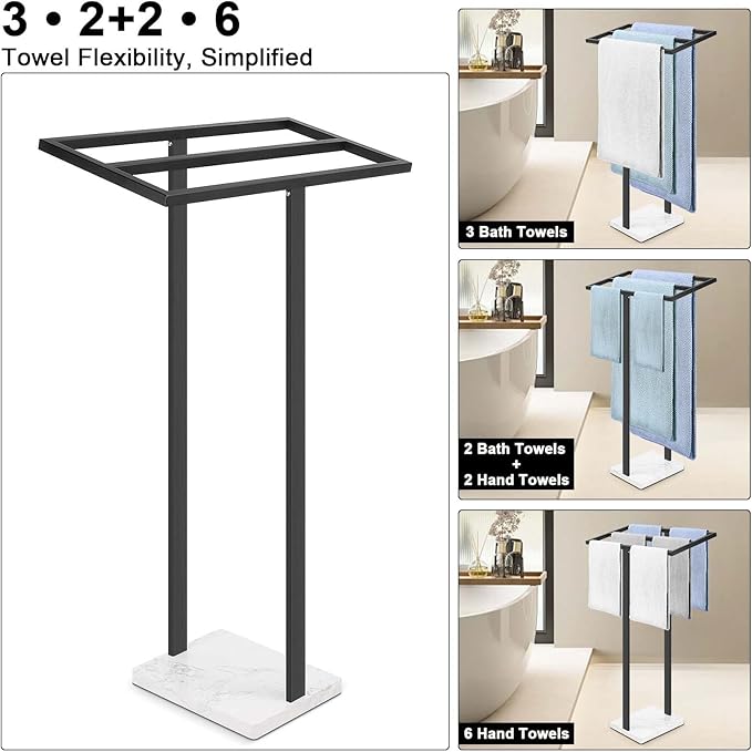Livabber Standing Towel Rack, 304 Stainless Steel 2 Tier Towel Holder Stand with Heavy Marble Base, Stylish Floor Towels Bar for Bathroom Accessories, Laundry Room, Pool (Black)
