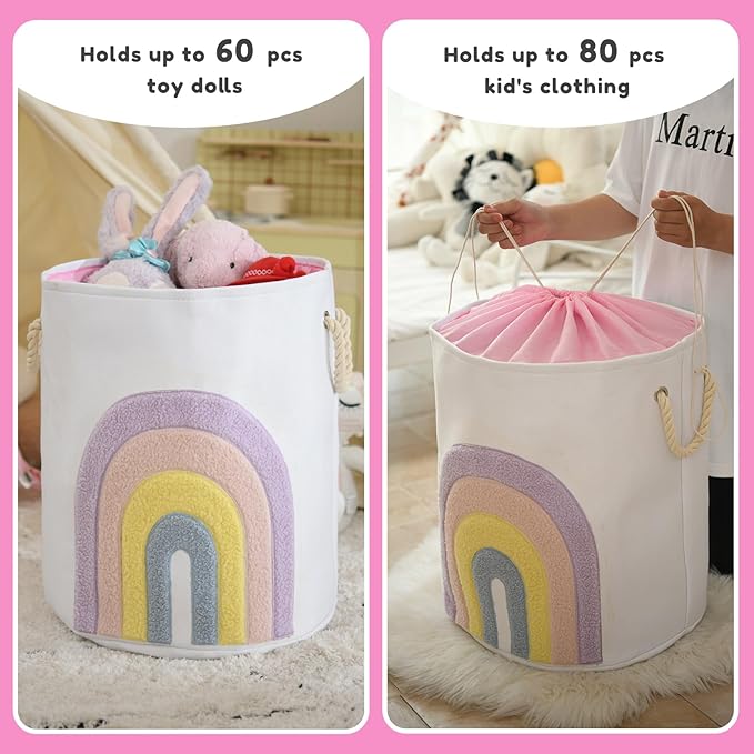 INough Pink Baby Hamper, XL Canvas 58L Laundry Basket with Drawstring Closure, Boho Rainbow Decor