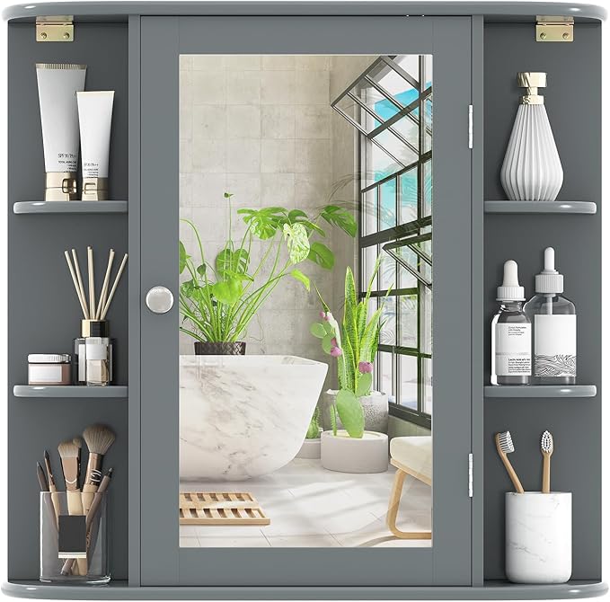 COSTWAY Medicine Cabinet with Mirror, Wall Mounted Bathroom Storage Cabinet with Mirror Door and Adjustable Shelves, Space-Saving Storage Organizer for Living Room Kitchen Entryway (Gray)
