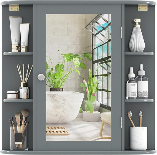 COSTWAY Medicine Cabinet with Mirror, Wall Mounted Bathroom Storage Cabinet with Mirror Door and Adjustable Shelves, Space-Saving Storage Organizer for Living Room Kitchen Entryway (Gray)
