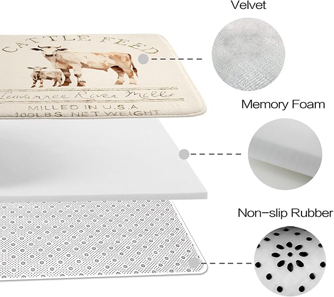 Farmhouse Abstract Animal Cattle Feed Cow Rustic Bathroom Rugs and Mats Sets 3 Piece, Memory Foam Bath Mat, U-Shaped Contour Shower Mat Non Slip Absorbent, Velvet Washable 20 x 31 inch