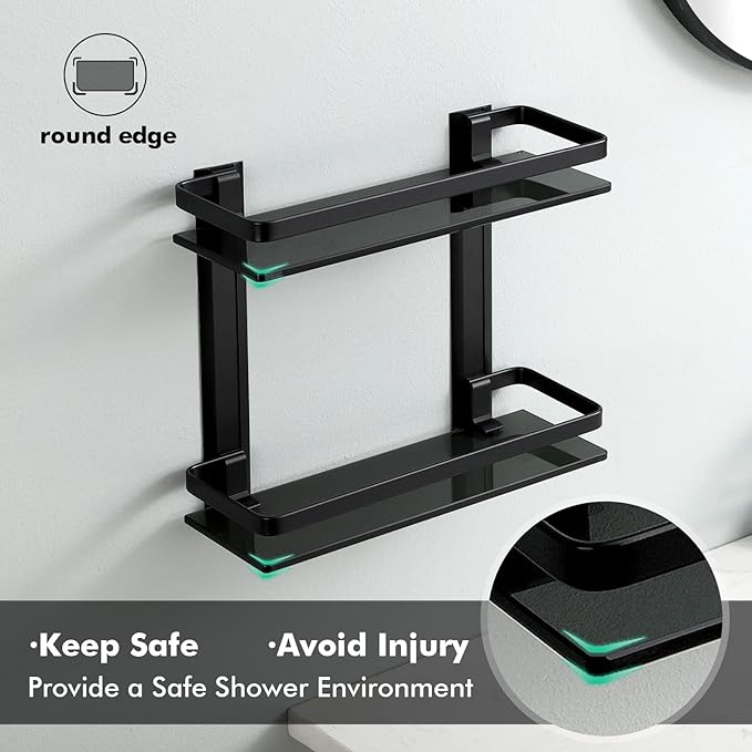 KES 2 Tier Bathroom Glass Shelves, Black Extra Thick Tempered Glass Rectangular, Aluminum Double Shelves Wall Mounted, BGS4126B-BK