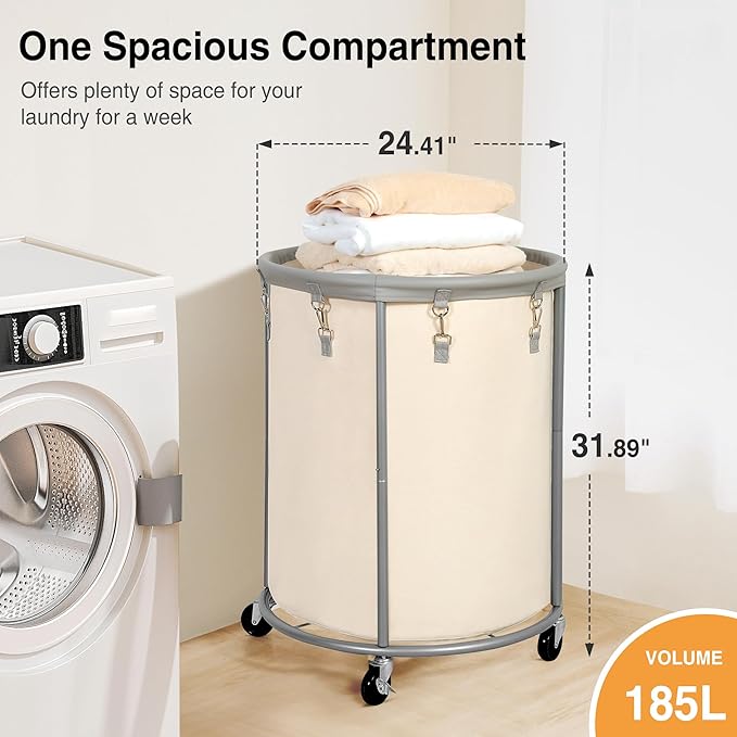 STO STO Rolling Laundry Hamper with Wheels – 185L (48 Gallon) Extra Large Industrial Clothes Laundry Basket with Removable Bag, Round Cart Sorter for Bedroom, Hotel, Beige & Gray