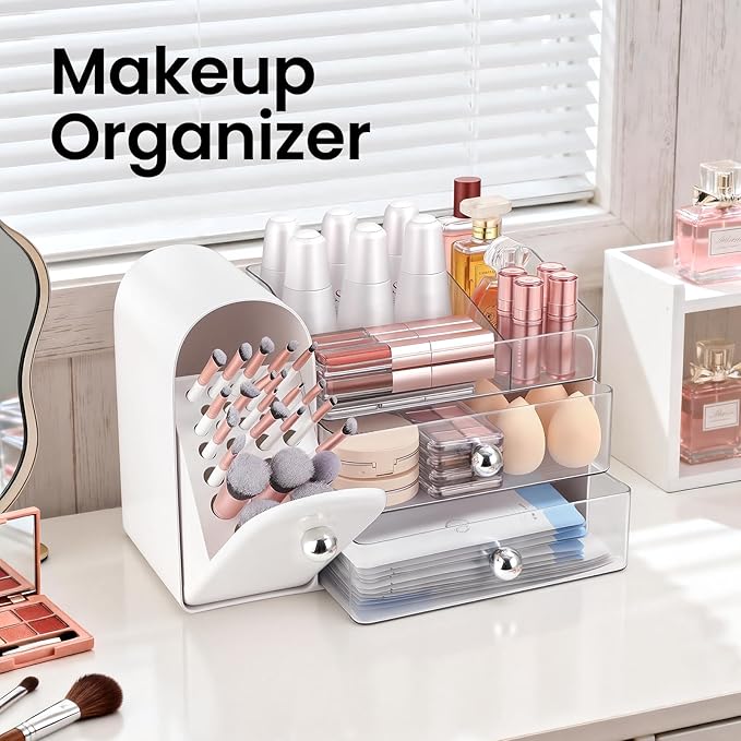 Makeup Organizer,Vanity Organizer with Makeup Brush Holder,Large Skincare Organizers and Bathroom Countertop Organizer,Storage Lipstick,Perfume,Nail Polish,Beauty,Mothers Day Gifts for Women