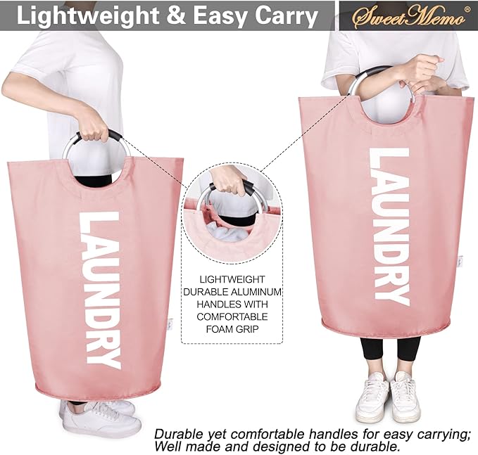 Large Laundry Basket Collapsible???Freestanding Clothes Hamper Bag with Handles ?€? Tall Folding Dirty Laundry Bin???Sturdy Laundry Sorter for College Dorm???Laundry Room ?€? 115L (Pink)