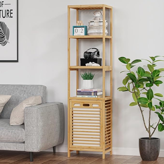 Bamboo Tilt Out Laundry Hamper, 4-Tier Tilt Out Hamper for Laundry with Shelf & Removable Clothes Basket - Can Convert to 2-Tier Pull-Out Laundry Hamper & 2 Tier Freestanding Shelf, Beige