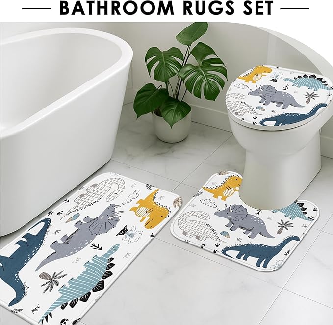 ArtSocket Dinosaur Bathroom Set with Shower Curtain and Rugs Accessories, Cute Kids Dino Dragon Shower Curtain, Kids Dinosaur Bathroom Decor 4 Pcs