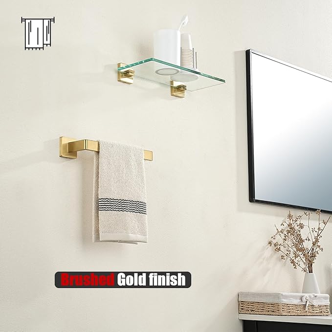 JQK Hand Towel Holder Towel Ring Gold, Thicken 0.8mm 304 Stainless Steel Bathroom Hand Towel Bar, 9 Inch Wall Mount Towel Rack Hanger, Brushed Gold, THH250L9-BG