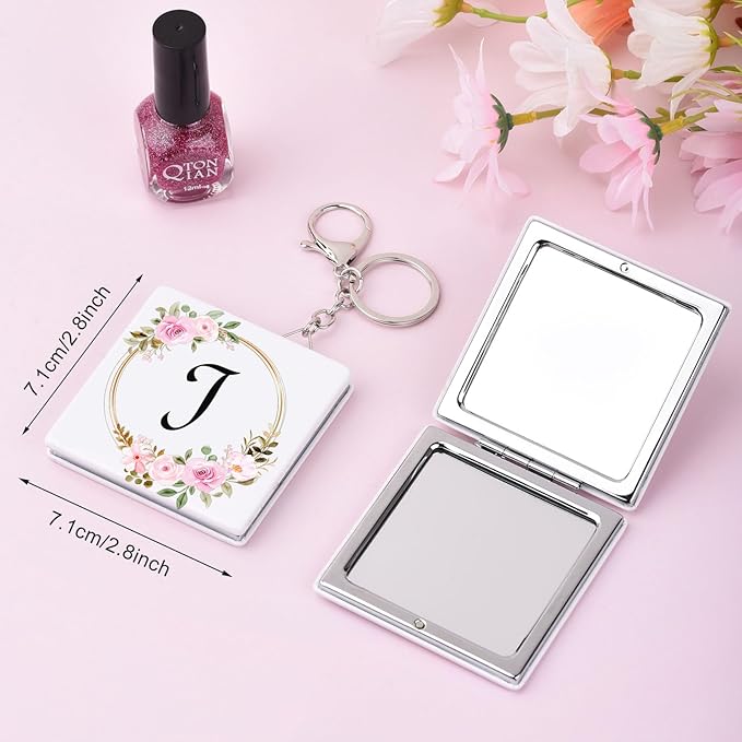 BAOSIWA Gifts for 5 6 7 8 9 10 11 12 13 Teen Girls Grandkids Valentines Day, Personalized Compact Mirror Initial Small Travel Makeup Mirror with Keychain(J)