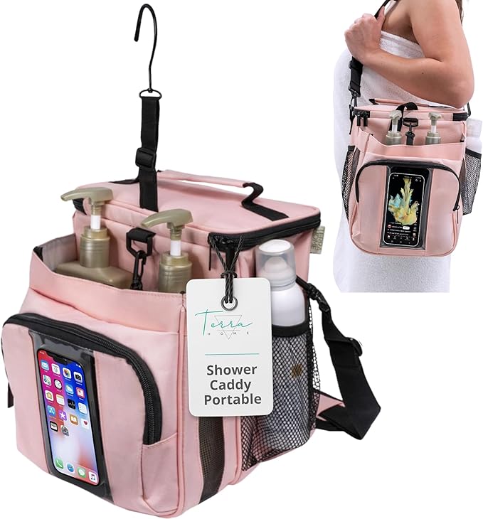 TERRA HOME XL Portable Shower Caddy Bag for Girls with Extra Storage, Durable Mesh Bottom, Shoulder Strap, Keychain Holder Shower Caddy Case for College Dorms - Travel Vacation Essentials (Blush Pink)